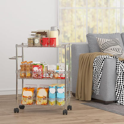 Chrome 3 Tier Rolling Storage Cart, Metal Wire Kitchen Cart - Image 7