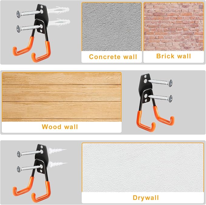 KURUI Heavy Duty Wall Hook for Hanging, 2 Pack Garage Tool Organizer Wall Mount - Image 7