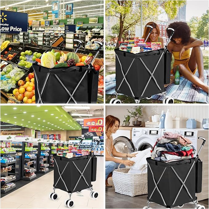 Folding Shopping Cart for Groceries, Water-Resistant Heavy-Duty Canvas Trolley - Image 7