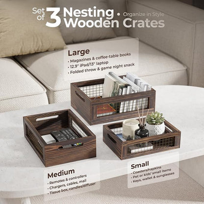 Set of 3 Wooden Nesting Countertop Baskets, Rustic Wood Storage Crates - Image 5