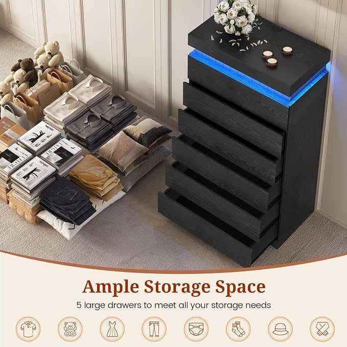 Tall Black 6 Dresser for Bedroom, Sliding Top Storage Space, Modern Wood Drawers - Image 4