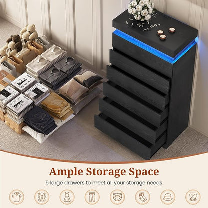 Tall Black 6 Dresser for Bedroom, Sliding Top Storage Space, Modern Wood Drawers - Image 4