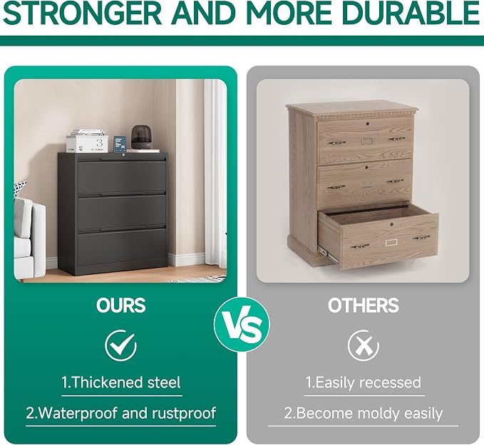 Filing Cabinet with Lock, Lateral File Cabinets 3 Drawer Metal Wide Filing - Image 7