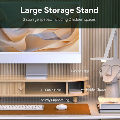 Bamboo Monitor Stand with Storage, Curved Computer Laptop Stand Desk Shelf - Image 4