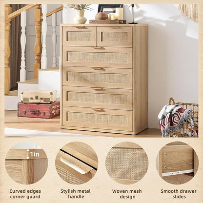 LEYAOYAO Rattan Dresser for Bedroom Set of 2, Modern 6 Drawers Boho Dressers - Image 4
