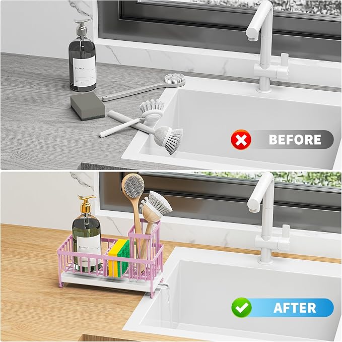 Cisily Pink Sponge Holder for Kitchen Sink, Sink Caddy Organizer - Image 6