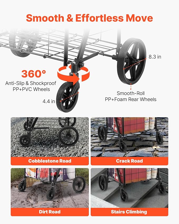VEVOR Folding Shopping Cart, Double Baskets, 360° Swivel Wheels, 110 LBS Large - Image 4