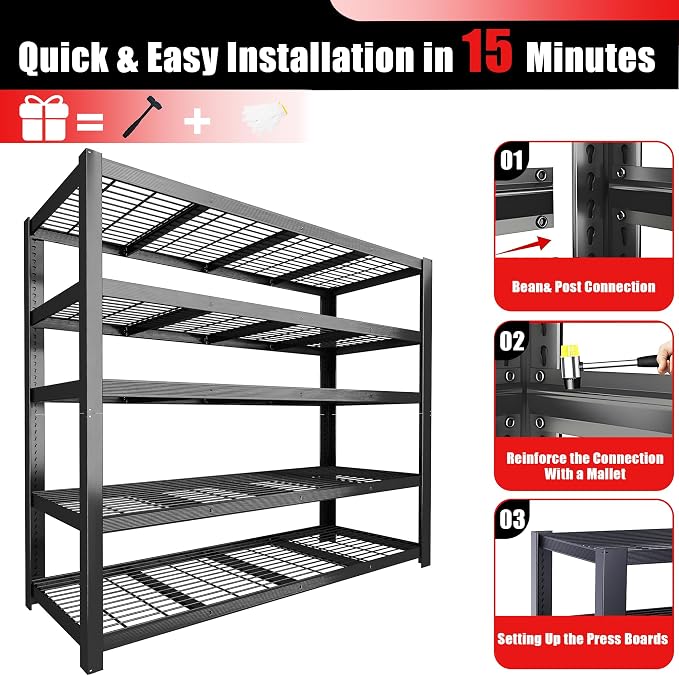 84" H Heavy Duty Wire Garage Shelving, 5-Tier Adjustable Industrial Metal - Image 6