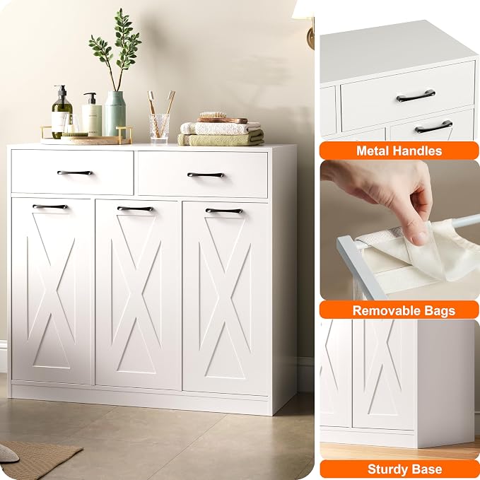 Herture Laundry Hamper Cabinet, Laundry Basket 3 Section - Image 4