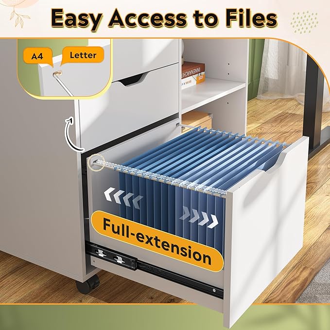 DEVAISE 3 Drawer File Cabinet, Lateral Filing Cabinet White | Mobile Printer - Image 5