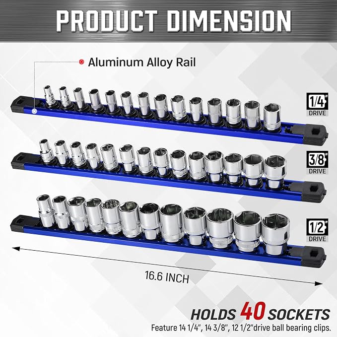 ALOANES 3-Piece Magnetic Socket Organizer, Heavy Duty Aluminum Socket Rails - Image 2