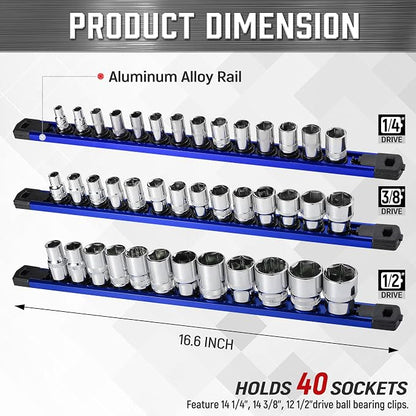 ALOANES 3-Piece Magnetic Socket Organizer, Heavy Duty Aluminum Socket Rails - Image 2