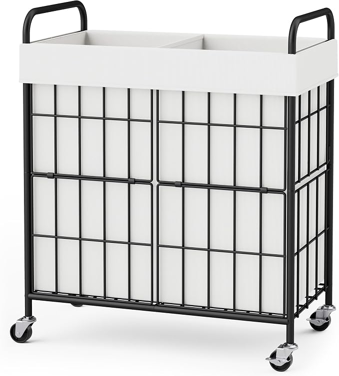 2 Section Laundry Hamper with Wheels and Brake, 100L Laundry Sorter Cart with 2 by Heeytilly