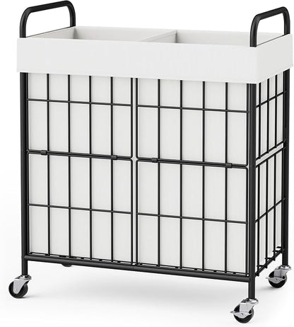 2 Section Laundry Hamper with Wheels and Brake, 100L Laundry Sorter Cart with 2 by Heeytilly
