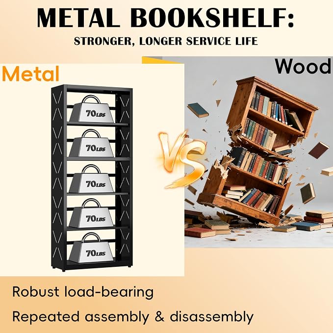 Industrial Bookshelf, 5 Tier Bookcase, Home Office Bookcase Shelf Storage - Image 6
