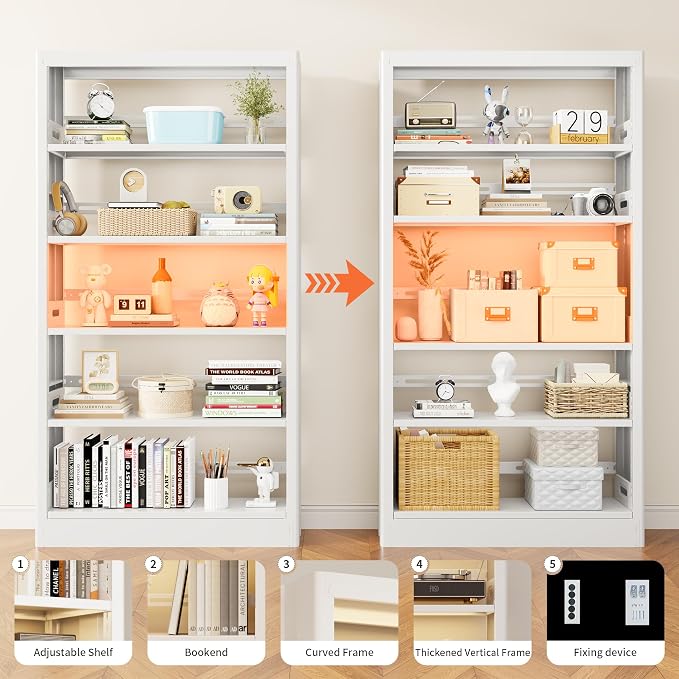 Heavy Duty Metal Bookshelf, 71” Tall 5-Tier Bookcase, Thickened 300LB Capacity - Image 4