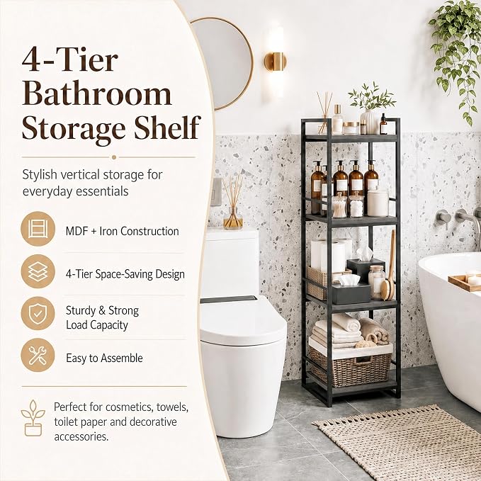 BYFU 4 Tier Bathroom Storage Open Shelf Grey Metal Corner Storage Rack | 46.1" - Image 3