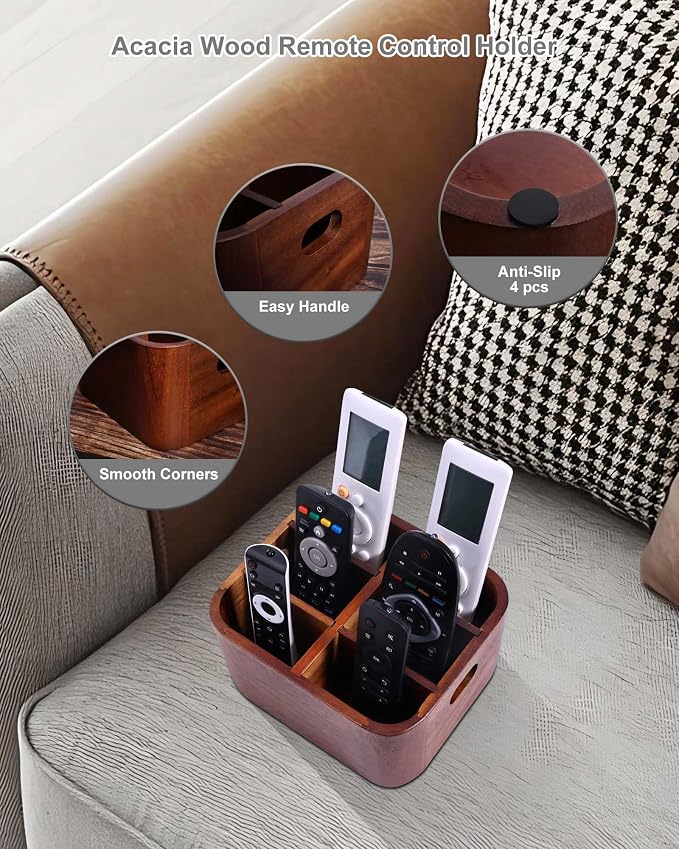 LYNG Acacia Wood Remote Control Holder Caddy, Solid Wood Organizer - Image 6
