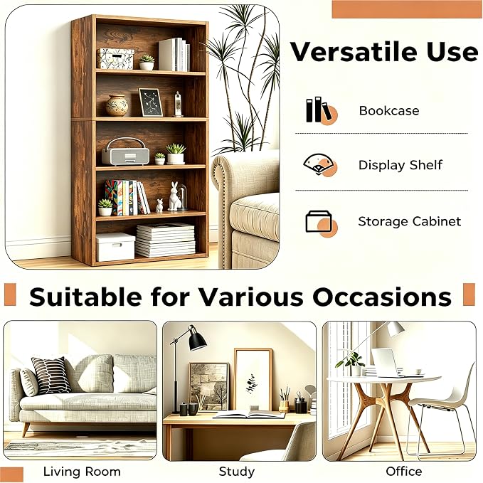 HealSmart 5 Tier Bookcase, Industrial 5 Book Shelf, 9.2" D x 23.8" W x 53" H - Image 6