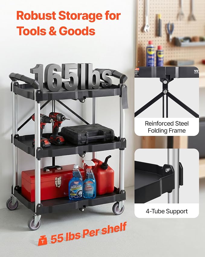 VEVOR Foldable Utility Service Cart, 165LBS 3 Shelf Heavy Duty Plastic Rolling - Image 3