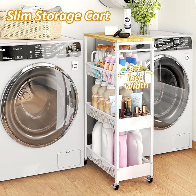 Vincona 9.1" Wide Slim Rolling Utility Cart, 4 Tier Metal Narrow Storage Cart - Image 2