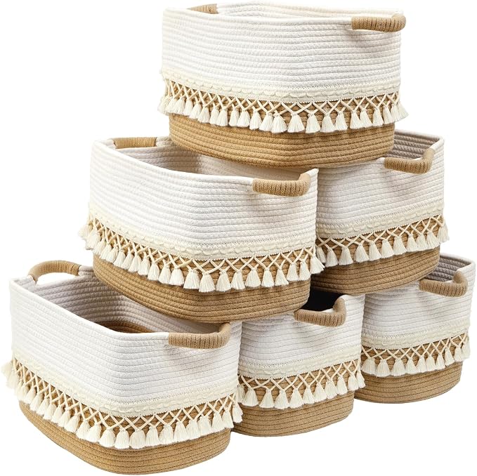 6 Pack Storage Basket for Shelves, Boho Cotton Rope Storage Bins by Degeyoyo