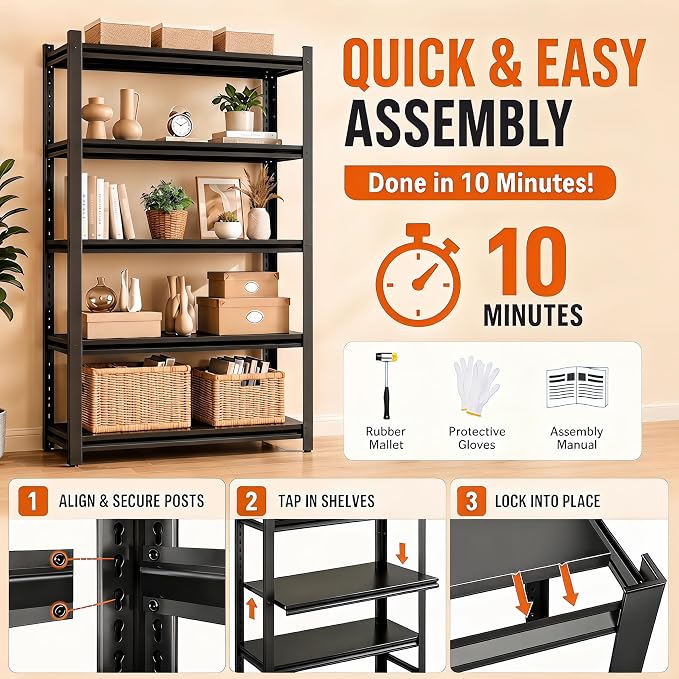 Bolt-Free 4 Tier Metal Bookshelf, 45.5"W Adjustable Tall Bookcase, 1800LBS - Image 6