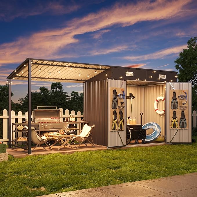 Aoxun 5.6x3.5FT Outdoor Storage Shed & Hardtop Gazebo Combo | 12x3.5FT Metal by Aoxun