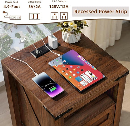 Nightstand with Charging Station and USB Port, Farmhouse Side End Table with 2 - Image 4
