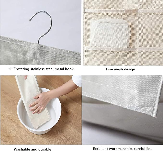 Closet Hanging Organizer with Mesh Pockets & Rotating Metal Hanger, Dual Sided - Image 5