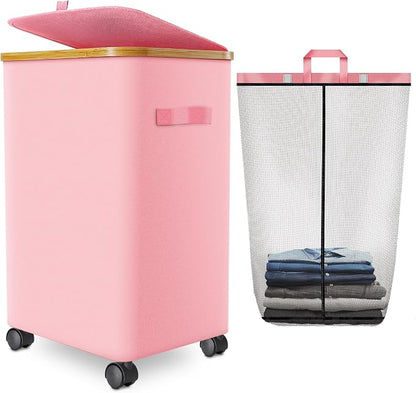 Laundry Hamper with Wheels, 20 Gal Laundry Basket with lid Rolling Clothes by Wuevu