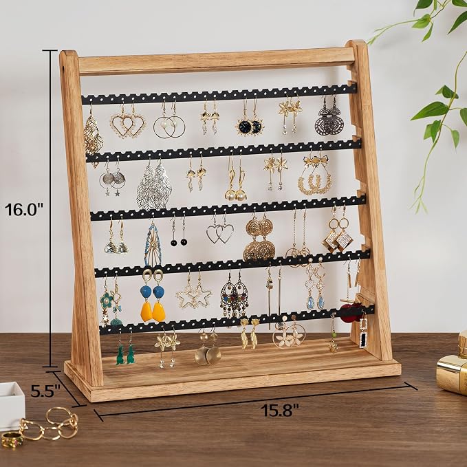 Poyilooo Earring Holder Organizer, Rustic Wood Earring Holder Stand, 5 Layer - Image 6