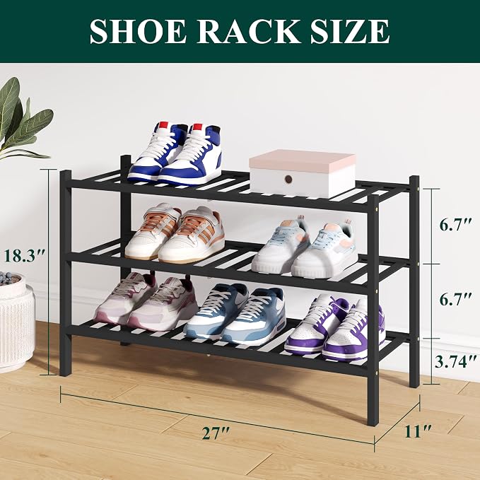 Smiry Bamboo Shoe Rack for Closet, 3 Tier Wooden Stackable Shoe Organizer - Image 2