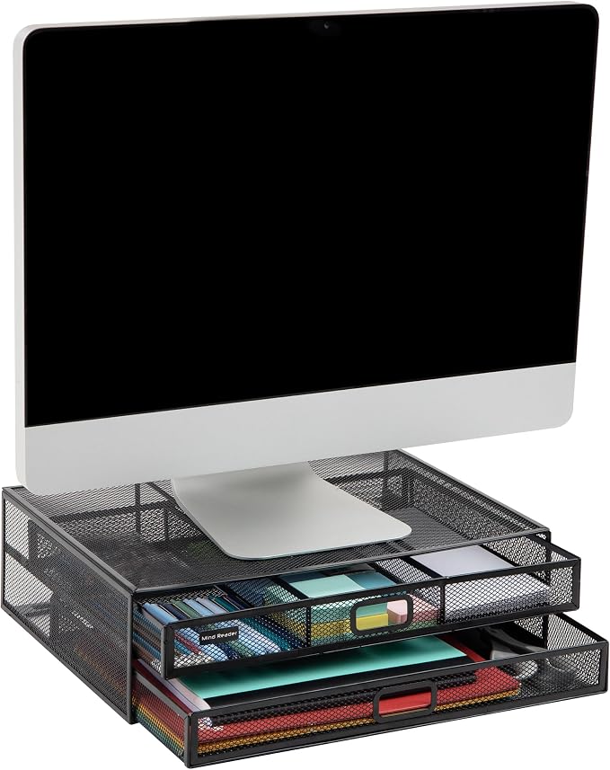 Mind Reader Monitor Stand, Ventilated Laptop Riser, Storage Drawer, Metal Mesh by MindReader