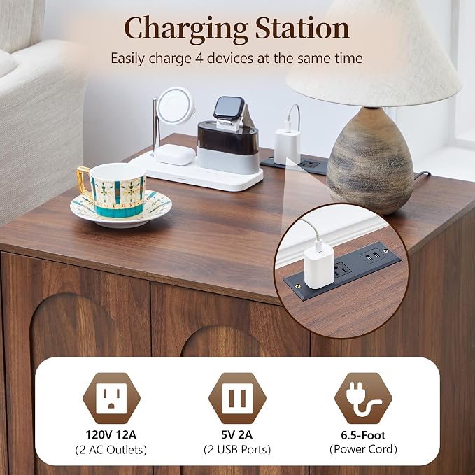 Bed Side Table with Charging Station, Mid Century Modern Nightstand with 2 Doors - Image 3