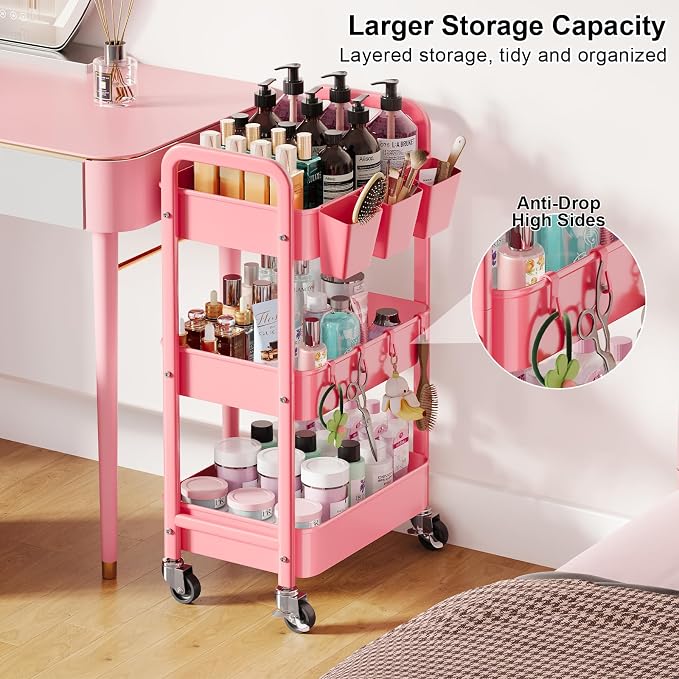 3 Tier Rolling Cart with Wheels, Metal Utility Storage Cart on Wheels, Craft - Image 9