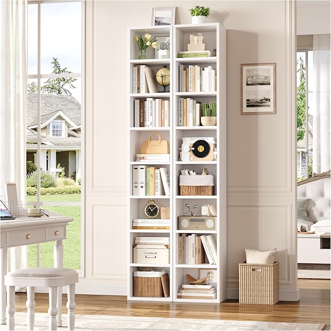 FOTOSOK 2 Pcs 71'' Tall Narrow Bookshelf, 8-Tier Media Tower Rack Set of 2 | CD - Image 2
