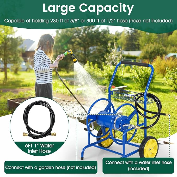 Goplus Garden Hose Reel Cart, 230ft 5/8" or 300ft 1/2" Heavy-Duty Metal Hose - Image 3