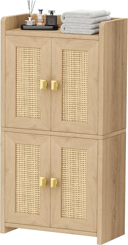 Akxomel 15" Rattan Small Bathroom Cabinet 4 Doors Adjustable Shelf Oak | - Image 8