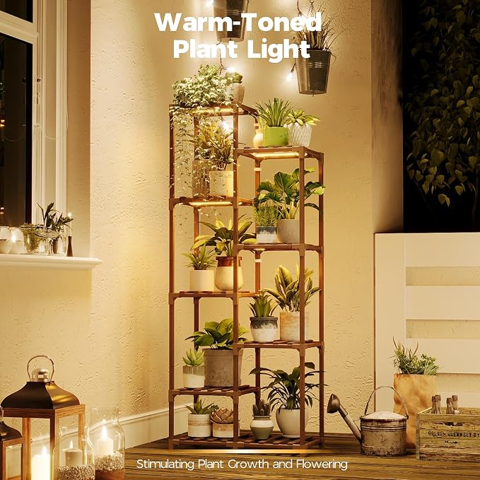 Bamworld Plant Stand with Grow Lights Indoor Outdoor 9 Tier Tall Large Wood - Image 2