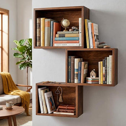 Novabright 3 Set Floating Cube Shelves Wall Mounted Wood Decor, Retro Color | by Unknown