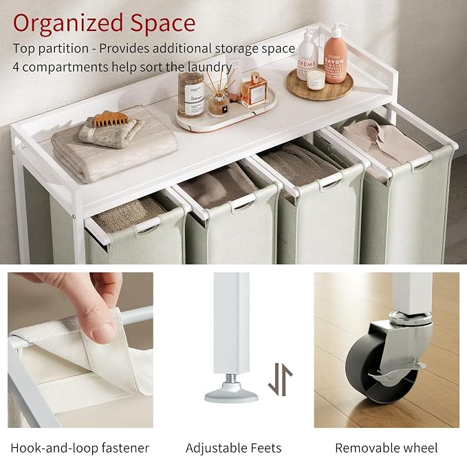 Laundry Hamper with Shelf, Laundry Basket 4 Section, Laundry Sorter with - Image 3