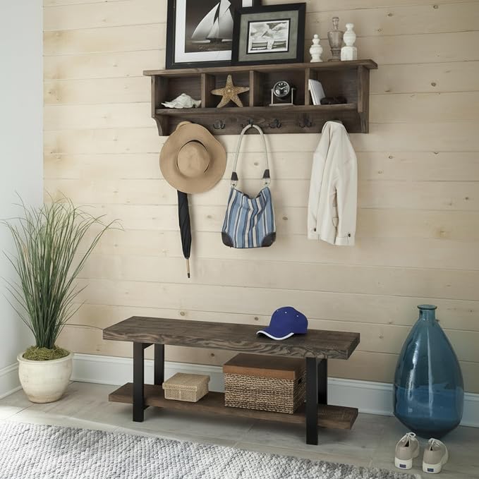 Pomona Solid Wood Entryway Bench and Coat Rack Set, Rustic Brown, 48 Inch | - Image 4