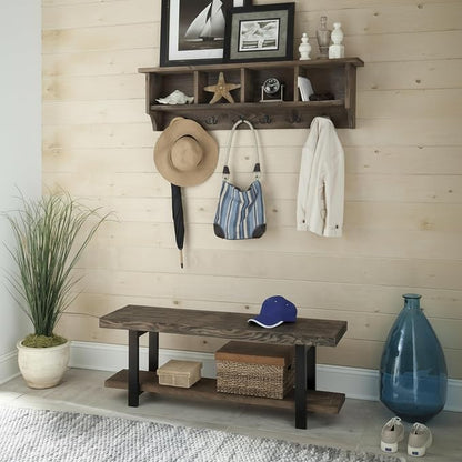 Pomona Solid Wood Entryway Bench and Coat Rack Set, Rustic Brown, 48 Inch | - Image 4