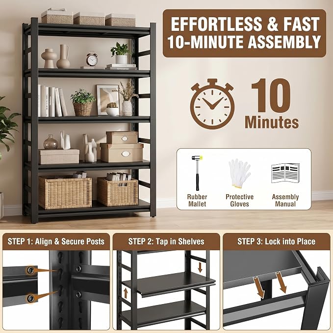 5 Tier Metal Bookshelf with Anti-Drop Fence, Heavy Duty 3000 LBS Modern Deep - Image 6