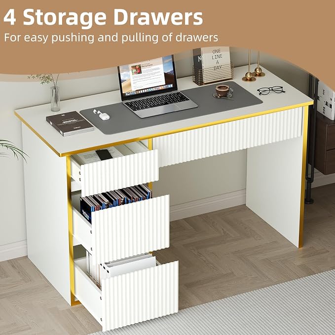4 EVER WINNER White Desk with Drawers with Hidden Handle, 47 Inch Computer - Image 4