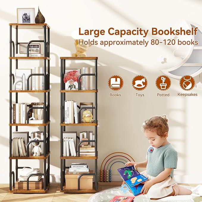 IBUYKE 5 Tier Rotating Bookshelf, Square Bookcases - Image 4