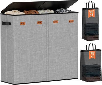 Laundry Hamper 4-Section with Lid, 185L Laundry Sorter with 4 Removable Bags + by Vexalora