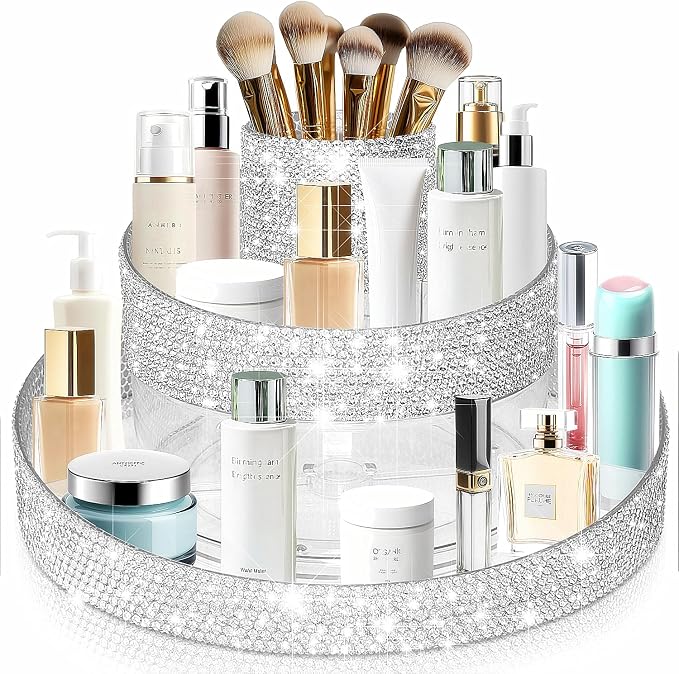 Bling 360 Rotating Makeup Organizer, Shiny Lazy Susan Cosmetic Storage Turntable by Yivaiks