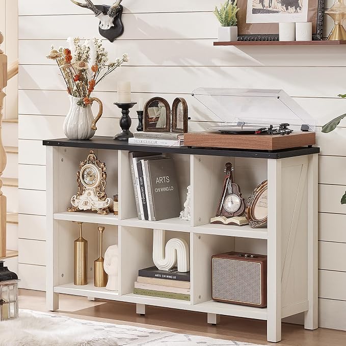 Farmhouse 6 Cube Bookshelf, Antique White & Black Wooden Storage Organizer Book by Joaxswe